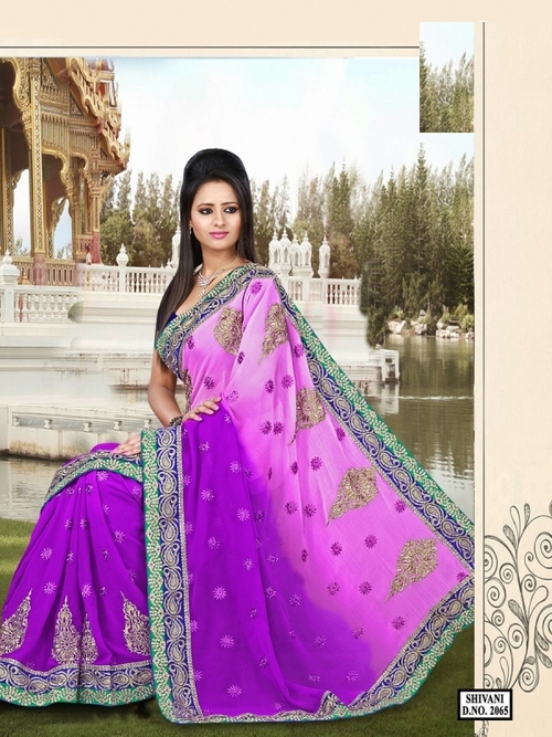 2065-Pink Color Saree - Chiffon + Dhupian, Thread Jaal Work, 900gms Weight, Embroidered Pattern, Bollywood Style, Suitable for All Seasons