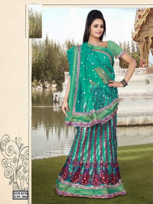 2066 - Net + Matti Jari Designer Saree, Embroidered Thread Jaal Work, Stylish Bandhani Style, Green, 900g, Suitable for All Seasons