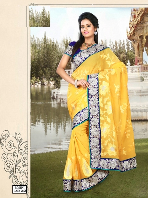 Designer saree - 60 Gram Dhupian Fabric, 900gms Weight | Yellow Embroidered Thread Jaal Work, Fancy Bollywood Style for All Seasons