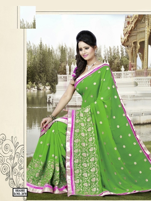 Ethnic Green Color - Chiffon & Dhupian, 900g Designer Saree with Thread Jaal Work | Bollywood Style, Embroidered Pattern for All Seasons