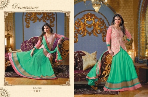 LEHNGA - Faux Georgette & Shantoon Bottom, Green & Pink, Embroidered Design with Chiffon Dupatta, Full Sleeves, Washable, All Season