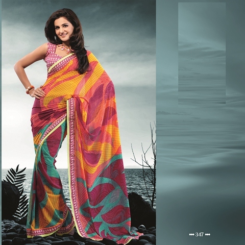 Golden Rod Yellow 347-A - Watlah Georgette + Dupioni, Red and Yellow Printed Designer Saree with Laces | Stylish for Rainy, Spring, Summer, Winter Seasons
