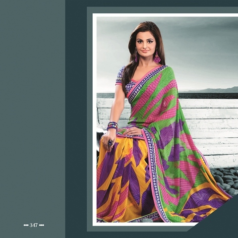 purple with green 347-B - Watlah Georgette + Dupioni, Yellow & Purple Printed Border Designer Saree | Stylish for All Seasons