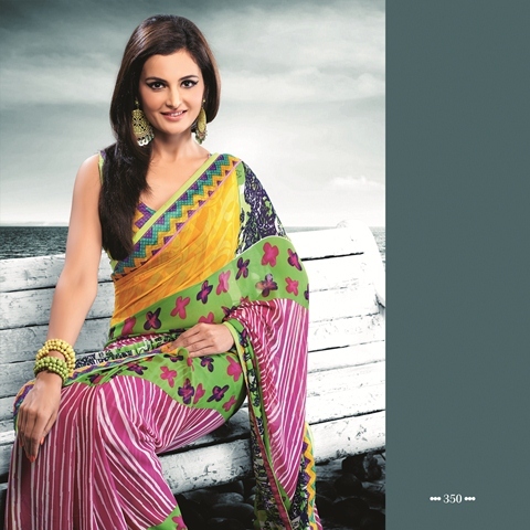 Gold With Sea Green 350-A - Watlah Georgette + Dupioni Designer Saree, Yellow & Pink Printed Pattern for Rainy, Spring & Summer Seasons