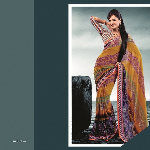 Designer Saree - Watlah Georgette + Dupioni Fabric, Printed Border Design, Dark Golden Rod 351-B, Yellow Color, Stylish Pattern, Suitable for All Seasons