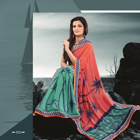 Red With Cadet Blue Color 352-B - Watlah Georgette + Dupioni Fabric, Designer Printed Border Saree | Green Color, Stylish Pattern, Suitable for All Seasons