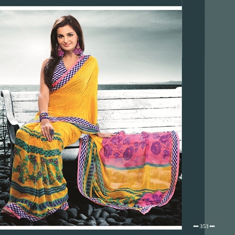 Dark Orange Color 353-A - Watlah Georgette & Dupioni Designer Saree, Printed Border, 900gms | Features: Beaded Closure, Yellow Color, Suitable for All Seasons
