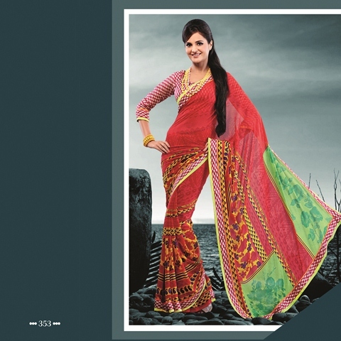 Deep Red With Sea Green Color 353-B - Watlah Georgette & Dupioni Fabric, Printed Border Designer Saree | Stylish and Versatile for All Seasons