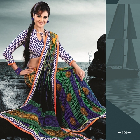 Designer Saree - Watlah Georgette + Dupioni, Blue with Sea Green Color 356-A | Printed Pattern, Fancy Stylish Design for All Seasons