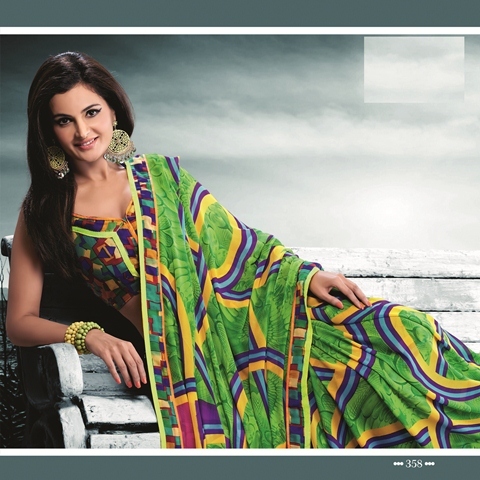 Lawn Green Color 358-A - Watlah Georgette + Dupioni Designer Saree, 900gms Weight, Printed Pattern for All Seasons: Rainy, Spring, Summer, Winter