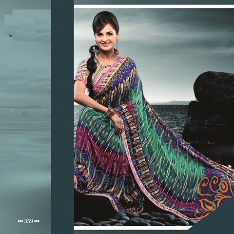 Sea Green Shaded Color 359-B - Watlah Georgette & Dupioni Designer Saree with Printed Border, Suitable for All Seasons, Lace Closure