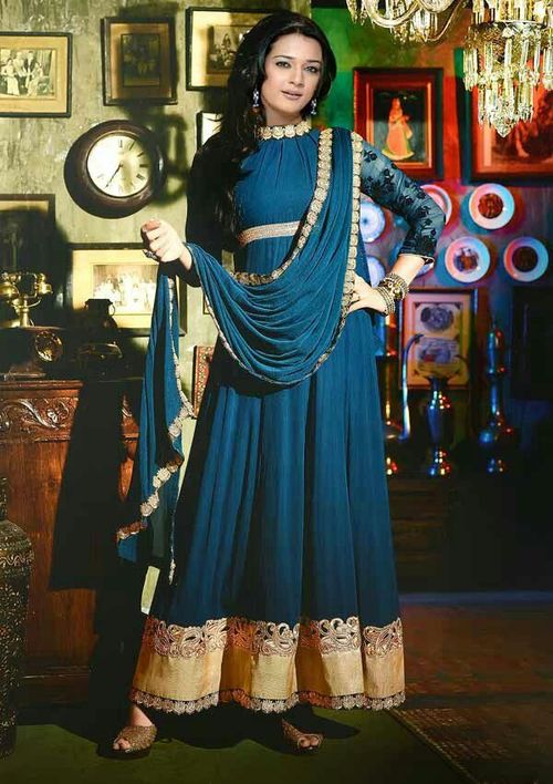 Fancy Suit - Faux Georgette & Shantoon Anarkali Kameez, Blue with Embroidered Pattern, Full Sleeves, Washable, All Season Fabric