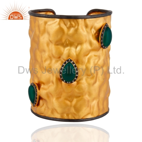 Gold Plated Sterling Silver Cuff Bracelet - Handcrafted Green Onyx Gemstone & CZ Accents | Trendy Designs Smooth Cuts Ideal for Women's Special Occasions