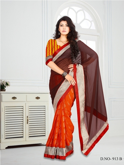 913B - BRASSO Designer Saree, 900gms Weight | Brown and Orange Cotton, Plain Pattern, Ideal for Rainy, Spring, Summer, Winter Seasons