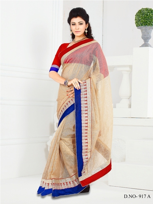 917A - Cotton Designer Saree with Thread Jaal Work, Cream and Blue Color, Suitable for Spring, Summer, Winter, Rainy Seasons, Lace Closure