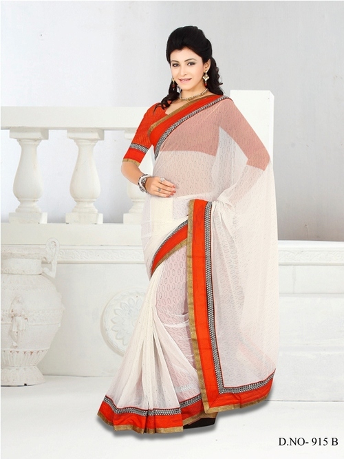 915B - Cotton Designer Saree, Thread Jaal Work, Weight: 900gms | Color: Cream and Red, Suitable for Rainy, Spring, Summer Seasons