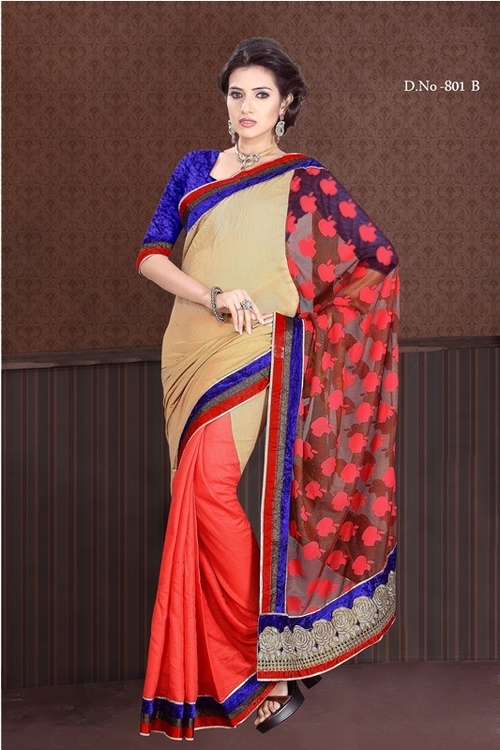 801-B - Jute & Cotton Jacquard Designer Saree, Beige and Orange with Thread Jaal Work | Bollywood Style for All Seasons