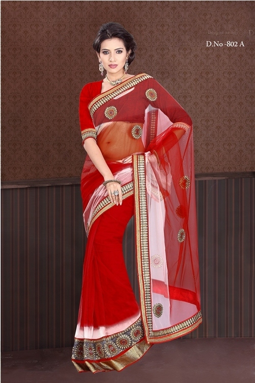 Designer Fancy Stylish Saree - Georgette, Red, Thread Jaal Work, 900gms | Elegant Design, Ideal for Weddings, Parties, and Festivals