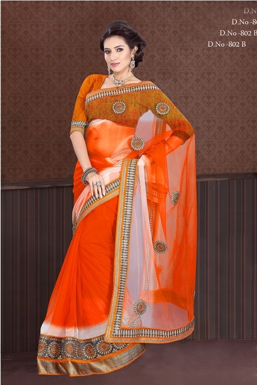 802-B - Designer Net Fabric Fancy Stylish Saree, Orange Chiffon with Thread Jaal Work, Suitable for Rainy, Spring, Summer, and Winter Seasons