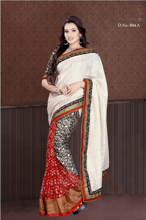 804-A - Cotton + Tissue Jacquard Net, Off White, Black & Red | Printed Design, Thread Jaal Work, Stylish Bollywood Saree for All Seasons