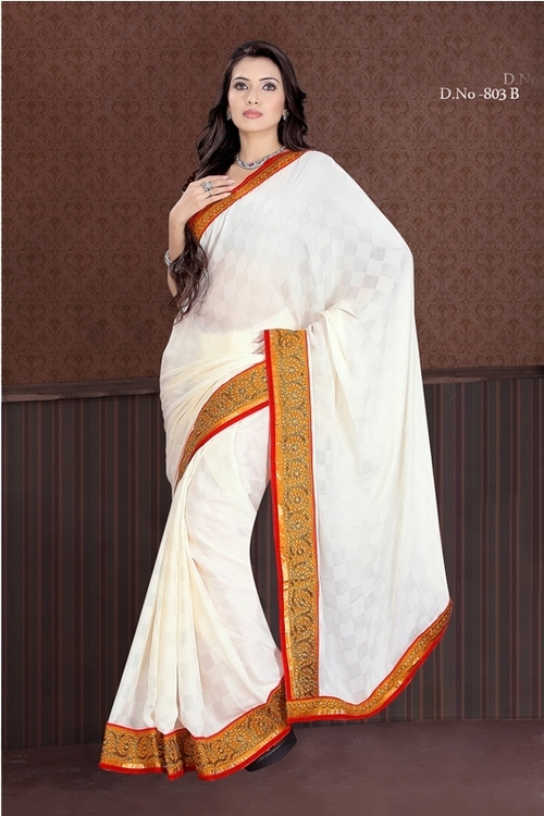 White Color Bridal 803-B - Georgette Jacquard Designer Saree, 900gms Weight, Thread Jaal Work, Bollywood Style for All Seasons