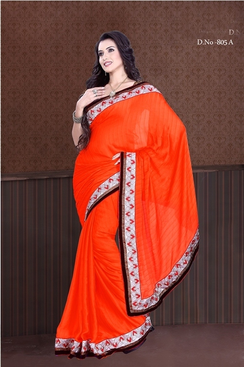 805-A - Satin Designer Saree, Orange | Thread Jaal Work, Printed Pattern, Bollywood Style, Ideal for Summer, Rainy, Spring, Winter
