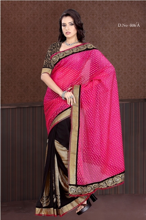 806-A - Viscose Designer Saree, 900gms, Pink and Black, Bollywood Style, Printed Pattern, Suitable for All Seasons