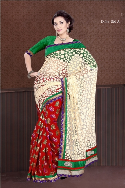 807-A - Chanderi Silk & Net Brasso Saree, 900gms Weight | Bollywood Style, Thread Jaal Work, Printed Pattern in Beige, Red, Green