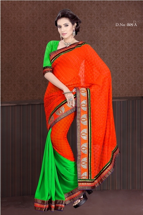 809-A Red With Green Color - Georgette Designer Saree, 900gms Weight | Orange and Green, Thread Jaal Work, Embroidered Pattern, Suitable for All Seasons