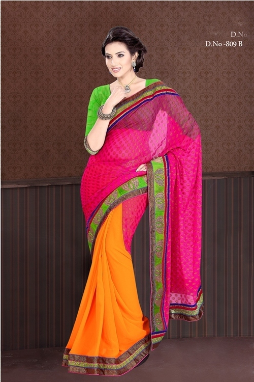 809-B - Georgette Designer Saree 900gms | Pink and Yellow Printed with Thread Jaal Work, Stylish Bollywood Look for All Seasons
