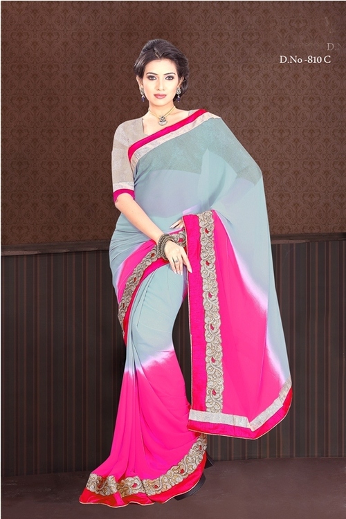 810-C - Weightless Designer Saree, Pink and Grey with Thread Jaal Work, Embroidered Pattern, Bollywood Style for All Seasons