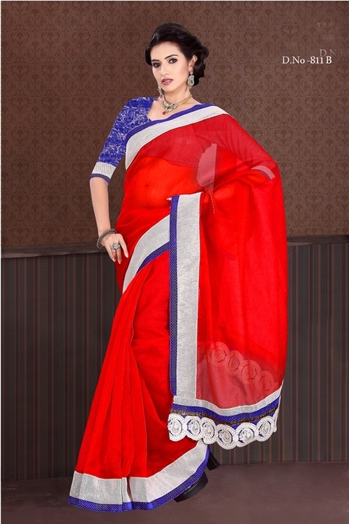 Linen Designer Saree - Thread Jaal Work, Red Color, 900gms Weight, Bollywood Style for All Seasons