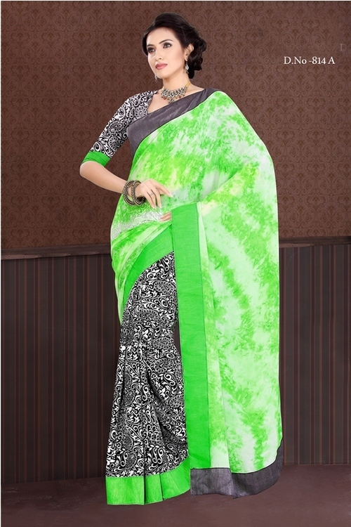 814-A Green With Black Color - 60 Gram Crepe Designer Saree, 900g Thread Jaal Work, Bollywood Style for All Seasons