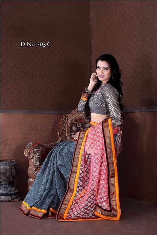 Designer Saree - Viscose & Heavy Worked Net, Thread Jaal Work | Stylish Bollywood Pattern in Peach, Yellow, Grey