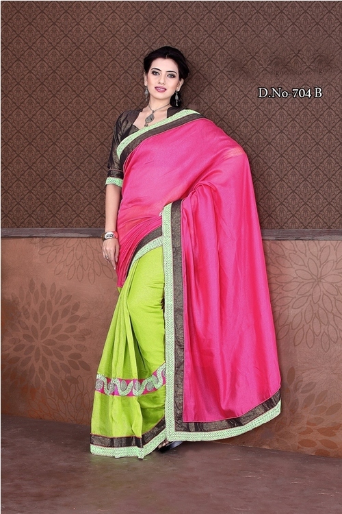 704-B - Viscose & Heavy Worked Net, Pink and Green Bollywood Designer Saree with Thread Jaal Work, Suitable for All Seasons, Stylish and Fancy