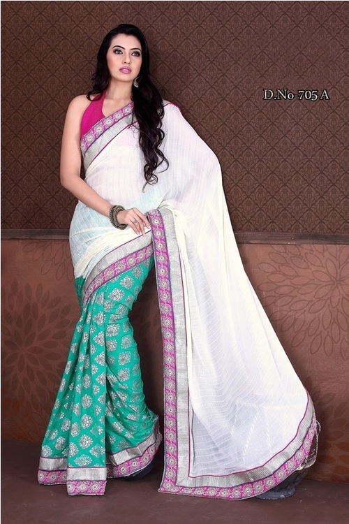 704-5 - Satin & Pure Crepe Designer Saree, Thread Jaal Work, White & Green Print, Bollywood Style for All Seasons