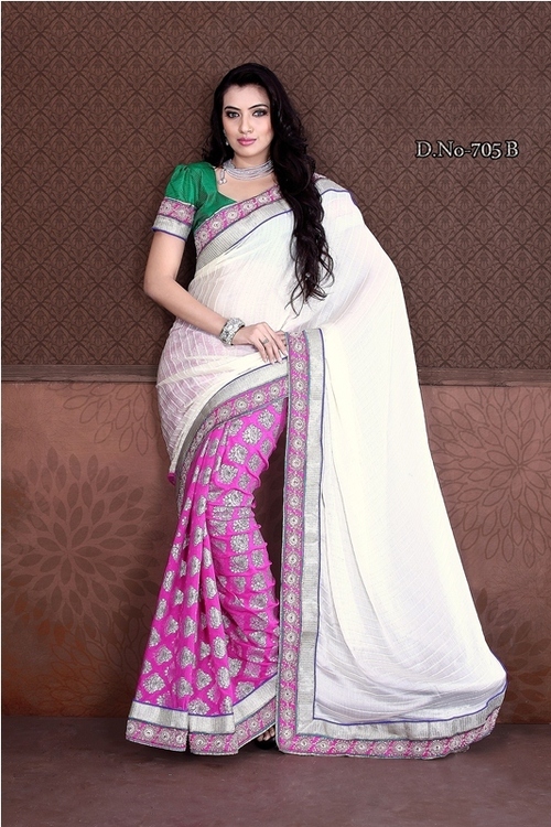 705-B - Satin & Pure Crepe Designer Saree with Embroidered Thread Jaal Work | White & Pink, Bollywood Style, Ideal for All Seasons