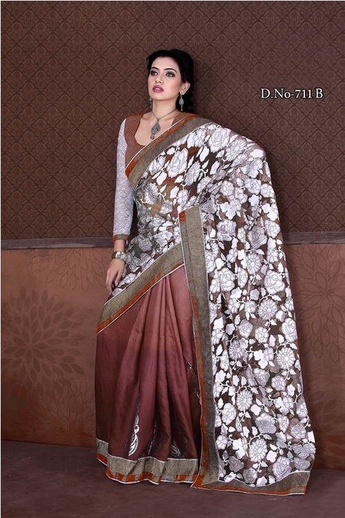 711-B - Foiled Jute & Tissue Brasso, White & Brown Thread Jaal Work, Stylish Designer Saree for All Seasons