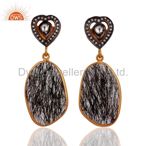 Gemstone CZ Gemstone Womens Earring - Sterling Silver 13.65g, Black Rutilated Quartz, Zircon Studded, Polished Finish