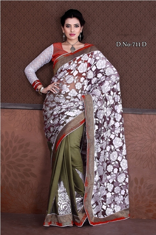 711-D - Foiled Jute & Tissue Brasso Designer Saree | White & Green Printed, Thread Jaal Work, Bollywood Style, Weight: 900gms, All Seasons