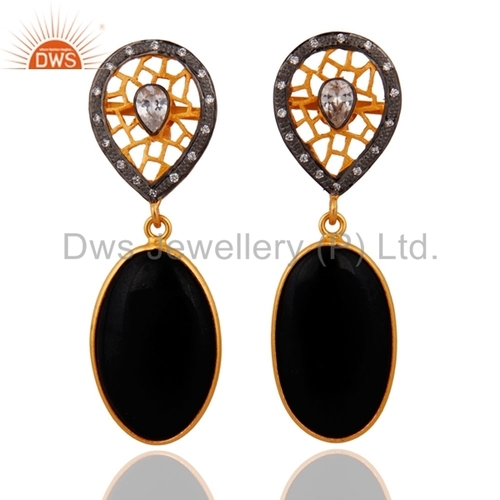 Sterling Silver Black Onyx Gemstone Earrings - 925 Silver, 1.5x1 Inch, Gold Plated, Polished Finish