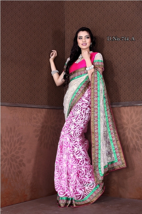714-A - Tissue Brasso & Net Designer Saree | White & Pink, Embroidered, Bollywood Style, Perfect for All Seasons
