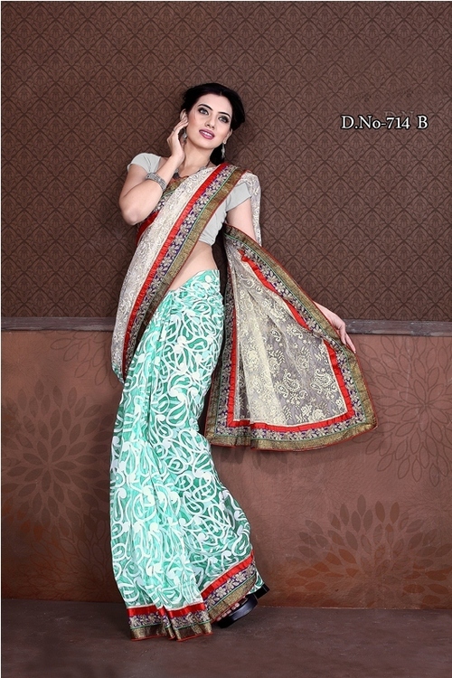 714-B - Tissue Brasso & Net Tissue Brasso, White and Green Print, 900gms Designer Fancy Stylish Saree with Thread Jaal Work