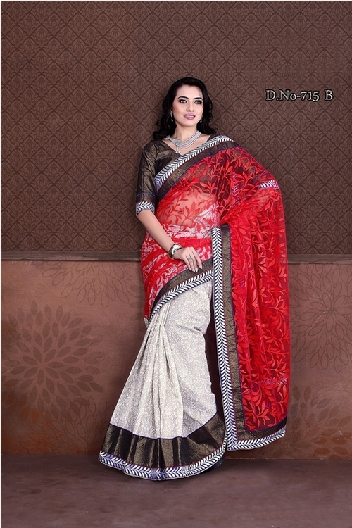 Designer Saree - Brasso and Cotton, 900gms Weight | Elegant Red, Brown, and White Printed Pattern for All Seasons, Bollywood Style