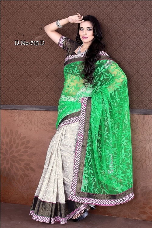 715-D - Brasso and Cotton Designer Saree | Features: Green, Brown, and White Colors, Bollywood Style, Net Material, Thread Jaal Work, 900g Weight
