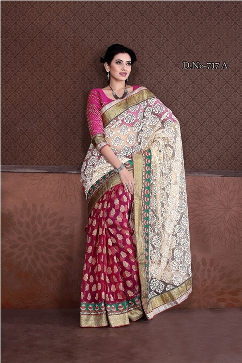 Designer Saree - Viscose & Net Brasso, Cream and Pink with Thread Jaal Work