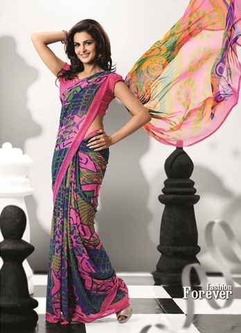 Pink With Royal Blue 1881B - Wetlash Georgette, Weight: 900gms | Multi Color Printed Design, Suitable for Rainy, Spring, Summer & Winter Seasons