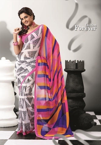 Pink With Black & White 1882-A - Wetlash Georgette, 900gms, Printed Designer Saree | Other Indian Style, Suitable for All Seasons