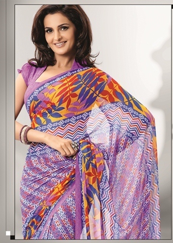 Lavender Saree - Wetlash Georgette, Printed Designer Saree, 900gms | Color: Pink, Pattern: Printed, Seasons: Rainy, Spring, Summer, Winter