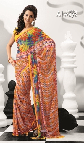 Mustrd With Yellow 1883-B - Wetlash Georgette, 900g Designer Printed Saree in Orange and Yellow | Stylish for All Seasons: Summer, Winter, Rainy, Spring
